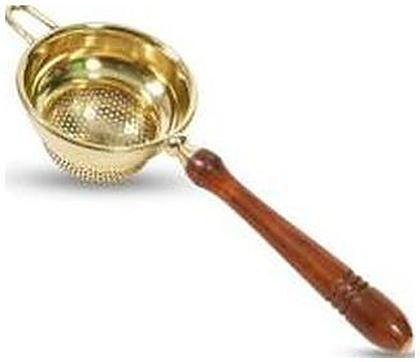 Brass tea strainer, wooden handle, regular size, polished, catalogue code BR-055