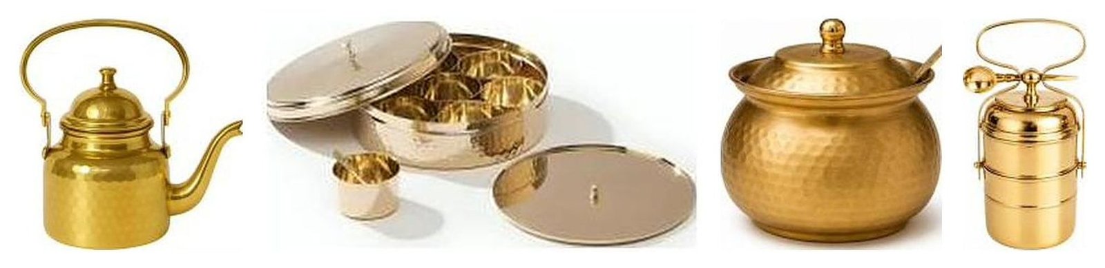Brass tea kettle, hammered spice box, hammered ghee pot and 2 tier brass tiffin box