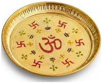 Brass Om pooja plate, meenakari swastik print, catalogue code BR-062