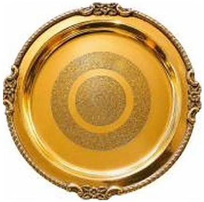 Brass pooja plate, embossed border, antique gold engraved, catalogue code BR-063
