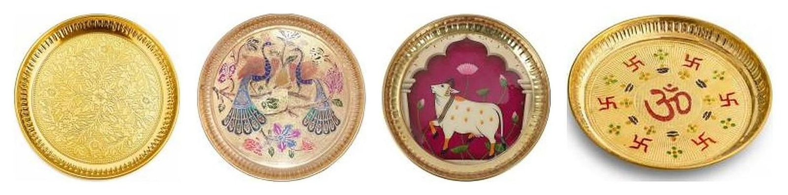 Brass pooja thalis in embossed floral, peacock print, Pichwai print and Om swastik meenakari designs