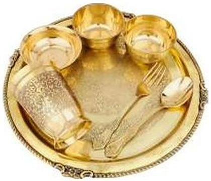 Brass thali dinner set, etched bhojan set, with cutlery, catalogue code BR-040