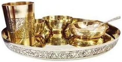 Brass thali set, with silver border, catalogue code BR-041