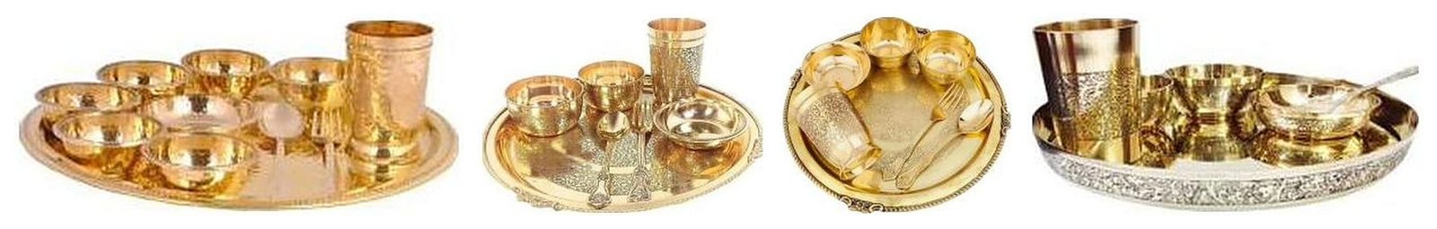 Brass thali dinner sets in hammered, etched, bhojan set with cutlery and silver border designs