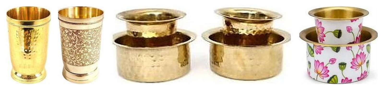 Brass hammered tumbler, embossed tumbler, hammered coffee dabra set and meenakari printed coffee dabra set