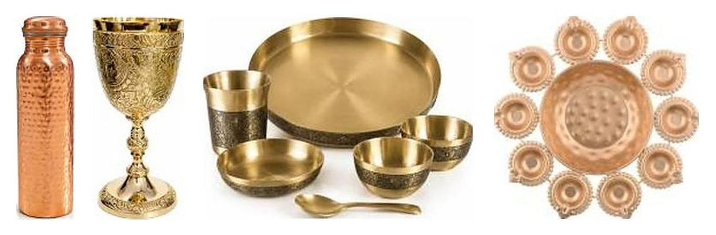 Copper hammered bottle, brass wine goblet, kansa thali dinner set and iron urli with diyas, supplied in bulk from Moradabad
