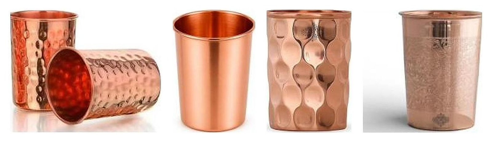 Copper glasses in hammered, plain, diamond cut and etched designs from Moradabad
