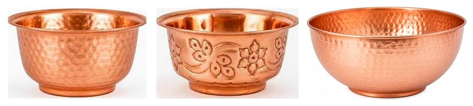 Copper katoras and a drinking bowl in hammered and chitai engraved finishes from Moradabad