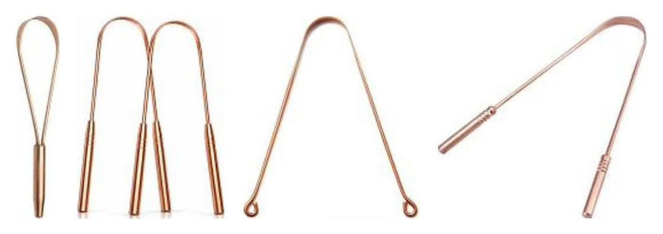 Four copper tongue cleaner designs from the Moradabadi Arts catalogue, including handless and handled types