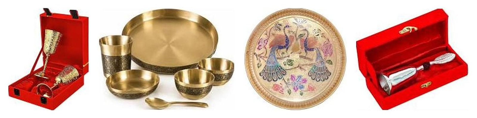 Brass tulip wine glass gift set, kansa thali dinner set, peacock print brass pooja thali and German silver finish pooja bell in a red velvet box