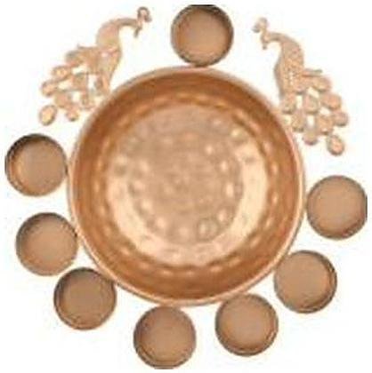 Antique copper iron peacock rangoli urli with eight diyas, catalogue code IR-004