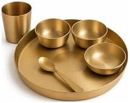 Plain matt kansa thali dinner set with bowls, glass and spoon, catalogue code KS-002