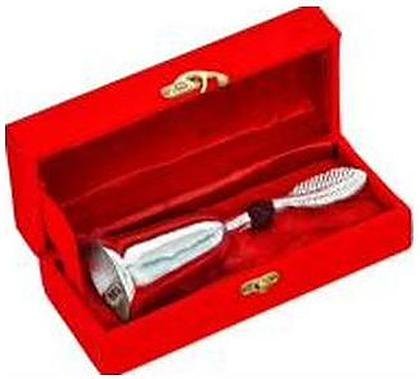 German silver finish pooja bell with rudraksh in an open red velvet gift box, catalogue code GS-007
