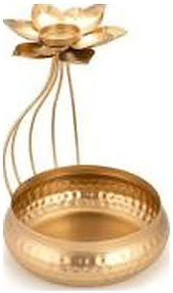 Iron urli with lotus diya stand, hammered gold lotus, catalogue code IR-002