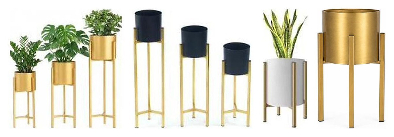 Iron planter stands in gold and black and gold sets, a white planter with gold stand, and a gold planter with stand