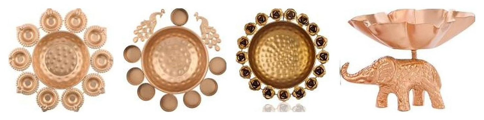 Iron urli with eight diyas, peacock rangoli urli, rose border hammered urli and elephant pedestal urli