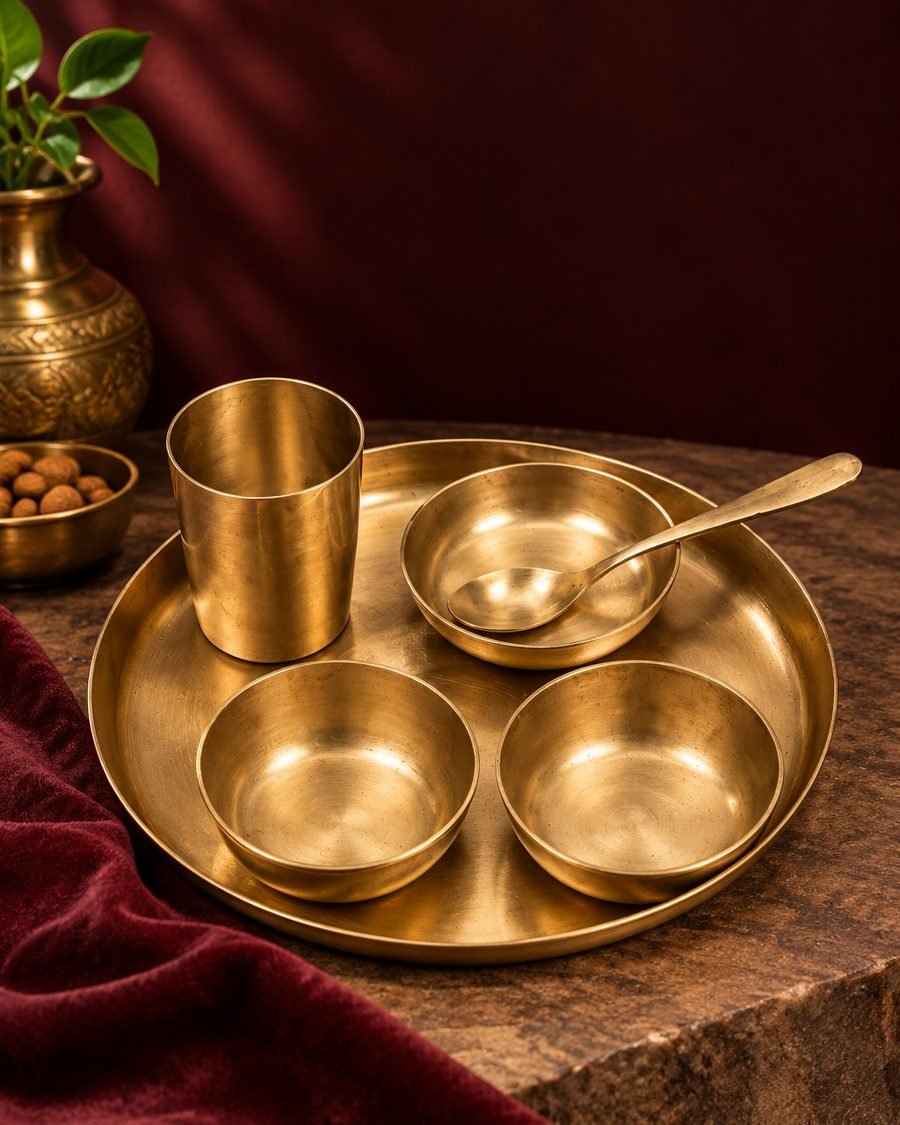 Kansa thali dinner set with katoris, glass and spoon in plain matt finish
