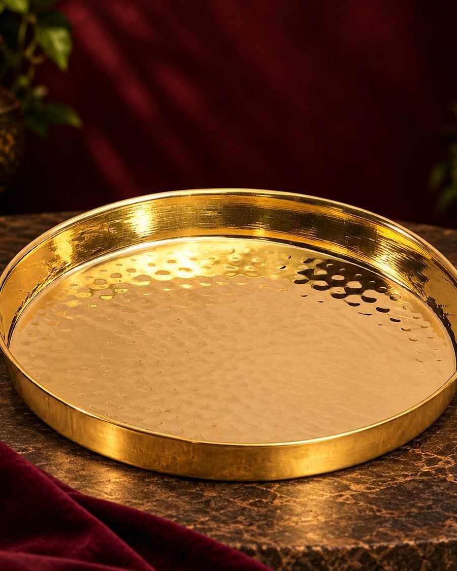 Hand hammered brass thali with raised rim, brass kitchenware from Moradabad